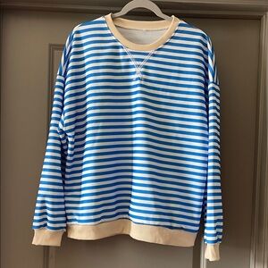 Amazon Blue & White Striped Crewneck Sweatshirt with Light Yellow Trim